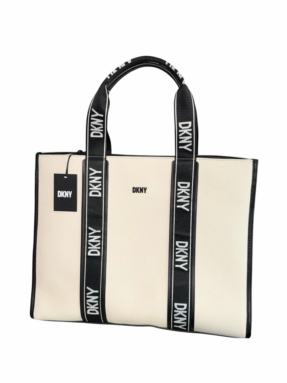 DKNY Cassie Large Logo Canvas Tote Bag Ivory Black NWT
